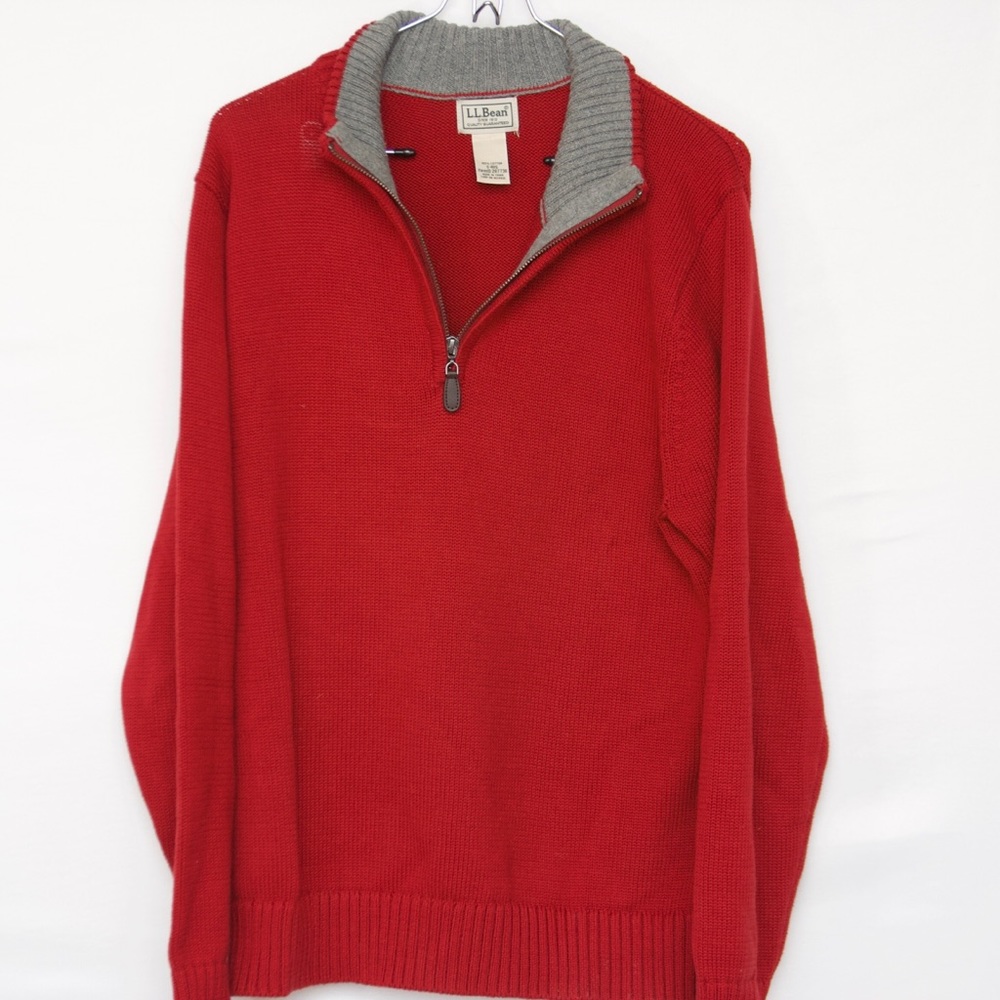 LL Bean Mens 3/4 Zip Up 100% Cotton Sweater Red